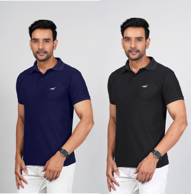 seri choice Solid Men Polo Neck Black, Navy Blue T-Shirt