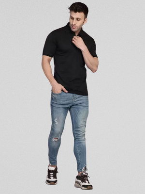 GETOFLY Solid Men Polo Neck Black T-Shirt