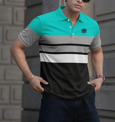 Lolark Colorblock Men Polo Neck Light Blue T-Shirt