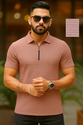 Fabflee Self Design Men Zip Neck Pink T-Shirt