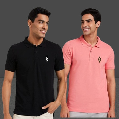 cnw Solid Men Polo Neck Pink, Black T-Shirt