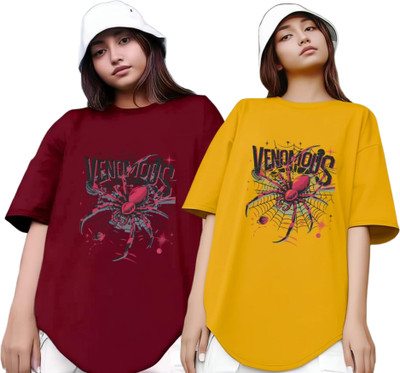 R S Fashion Printed Women Round Neck Maroon, Yellow T-Shirt