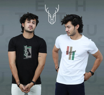 t-hustler Printed Men Round Neck White, Black T-Shirt