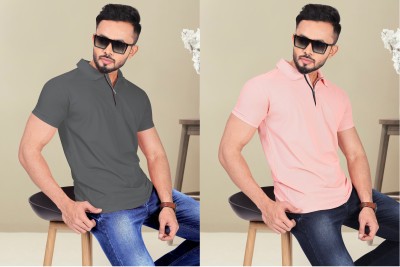 INDICLUB Solid Men Polo Neck Grey, Pink T-Shirt