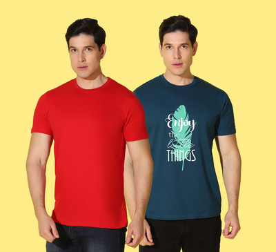 WOOSTRO Solid, Printed Men Round Neck Red, Dark Blue T-Shirt