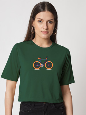 SLENOR Printed Women Round Neck Dark Green T-Shirt