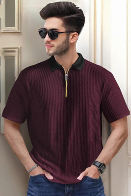 TRIPR Self Design Men Polo Neck Maroon, Black T-Shirt