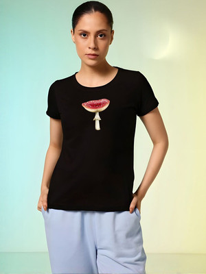 SZN Graphic Print Women Round Neck Black T-Shirt