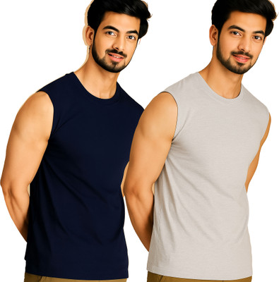 Adorbs Solid Men Round Neck Dark Blue, Grey T-Shirt