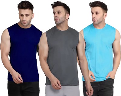 Think Tech Solid Men Round Neck Dark Blue, Grey, Light Blue T-Shirt