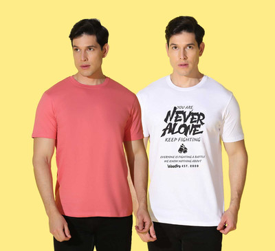 WOOSTRO Solid Men Round Neck Pink, White T-Shirt