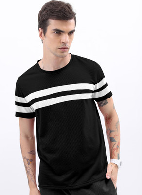 METRONAUT Striped Men Round Neck Black T-Shirt