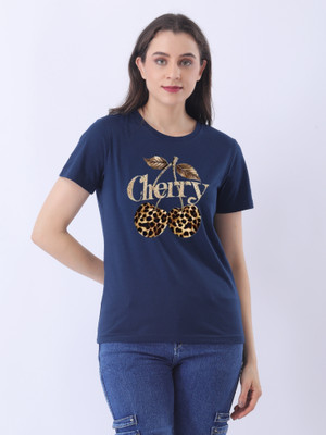 Ns Fashion Printed Women Round Neck Dark Blue T-Shirt