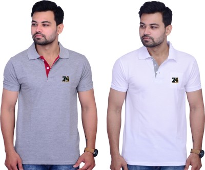 Cousin's Solid Men Polo Neck Grey, White T-Shirt