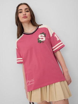 The Souled Store Embroidered Women Round Neck Pink T-Shirt