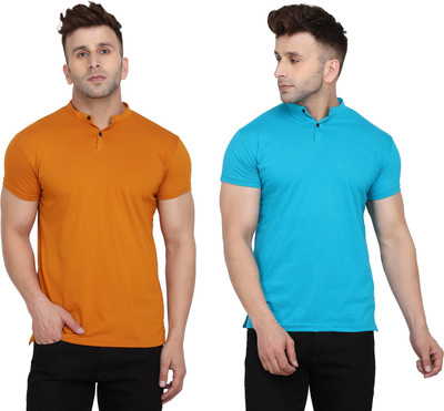 GEUM Solid Men Mandarin Collar Light Blue, Gold T-Shirt