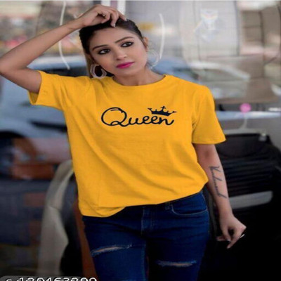 TARSHI Printed Women Round Neck Yellow T-Shirt