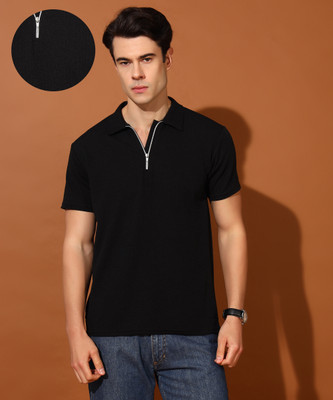 Christy World Solid Men Polo Neck Black T-Shirt