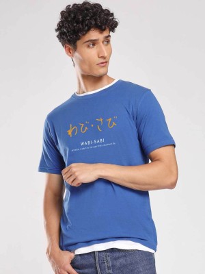 NOBERO Printed Men Round Neck Blue T-Shirt