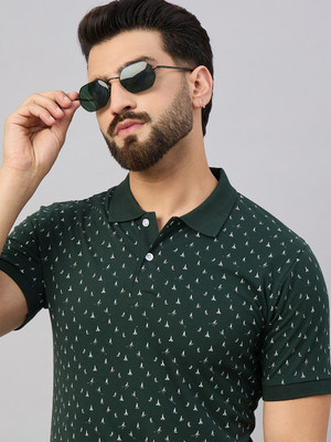 RISS CLOTHING Printed Men Polo Neck Dark Green T-Shirt