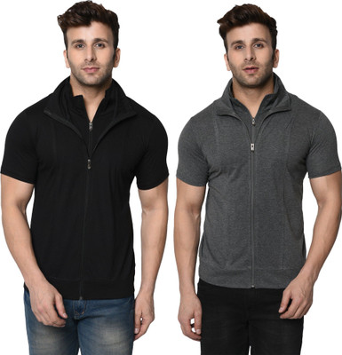 JB Jangoboy Self Design, Solid Men High Neck Black, Grey T-Shirt