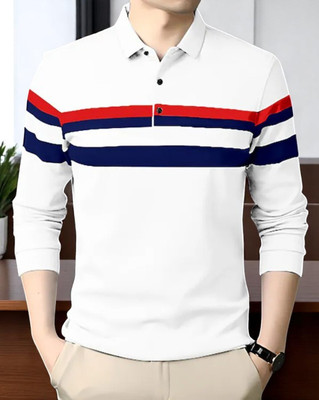 Autna Printed Men Polo Neck White, Blue T-Shirt