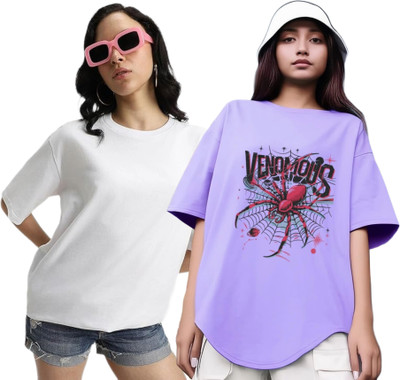 Xsware Printed Women Round Neck White, Purple T-Shirt