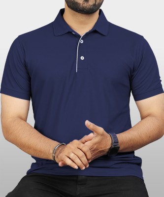 VeBNoR Solid Men Polo Neck Navy Blue T-Shirt