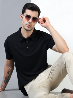 estuna Printed Men Polo Neck Black T-Shirt