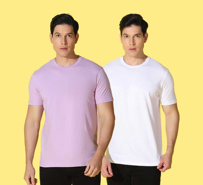 WOOSTRO Solid Men Round Neck White, Purple T-Shirt
