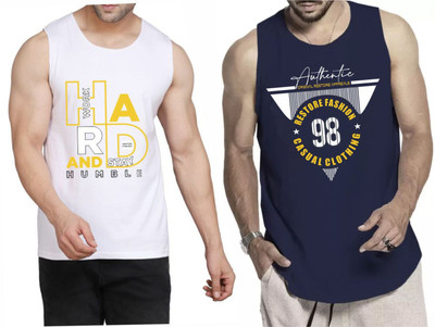 WOOSTRO Printed Men Scoop Neck White, Dark Blue T-Shirt