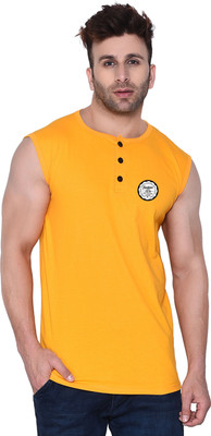GEUM Printed Men Henley Neck Yellow T-Shirt