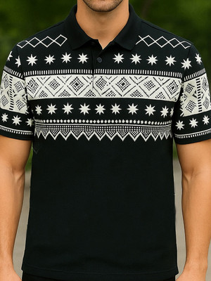 SINDHIGARMENT Printed Men Polo Neck Black T-Shirt