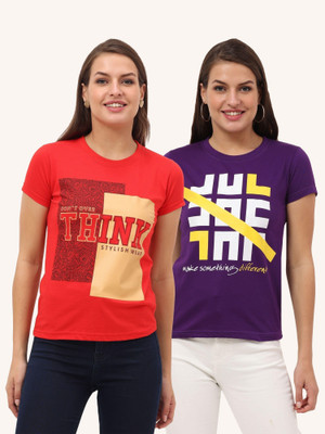 FEDAMSEL Printed, Typography Women Round Neck Purple, Red T-Shirt