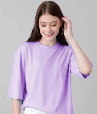 NVYARI Solid Women Round Neck Purple T-Shirt
