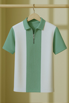 Try This Colorblock Men Zip Neck White, Light Green T-Shirt