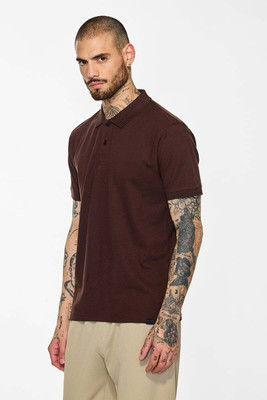 Snitch Solid Men Polo Neck Brown T-Shirt