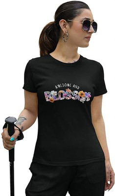 Carbonyte Printed Women Round Neck Black T-Shirt