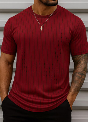 SCUBA Striped Men Round Neck Maroon T-Shirt