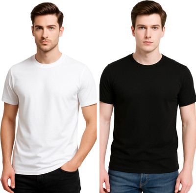 Styloketh Solid Men Round Neck White, Black T-Shirt