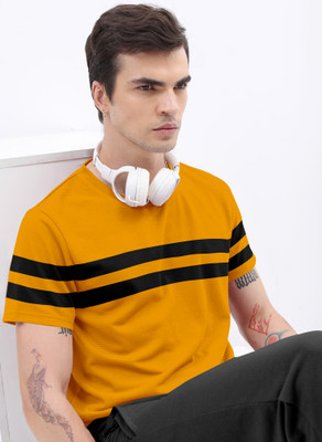METRONAUT Striped Men Round Neck Yellow T-Shirt