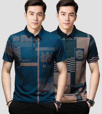 Belive in Yourself Printed Men Polo Neck Blue, Brown T-Shirt