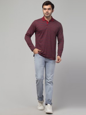 Corsair Blue Striped Men Polo Neck Maroon T-Shirt