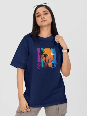 Moda Rapido Printed Women Round Neck Blue T-Shirt