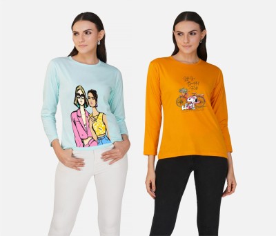 CHOZI Printed Women Round Neck Yellow, Light Blue T-Shirt