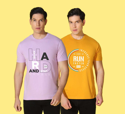 WOOSTRO Typography Men Round Neck Purple, Yellow T-Shirt