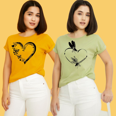Kintu Parantu Printed Women Round Neck Yellow, Green T-Shirt