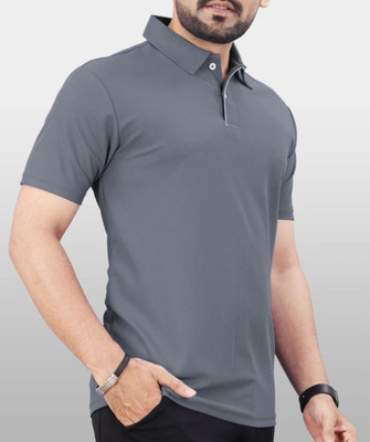 RUSKSUN Solid Men Polo Neck Grey T-Shirt