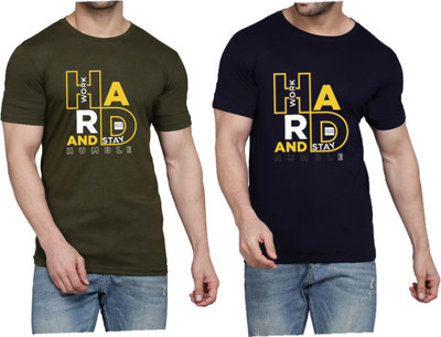 WOOSTRO Printed Men Round Neck Dark Green, Dark Blue T-Shirt