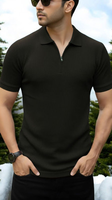 The Stanch Self Design Men Polo Neck Brown T-Shirt